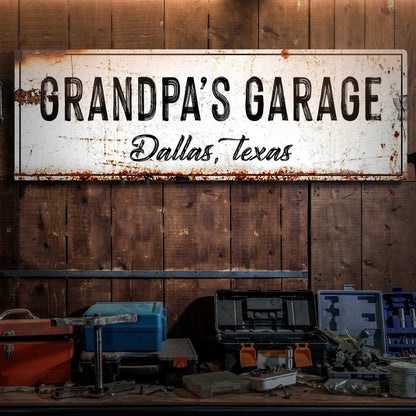 Grandpa's Garage sign canvas by Tailored Canvases, white with black lettering Dallas, Texas on Tampa Home & Garden Store