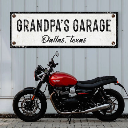 Grandpa's Garage Sign canvas Tailored Canvases, Dallas, Texas text and red Triumph motorcycle on Tampa Home & Garden Store