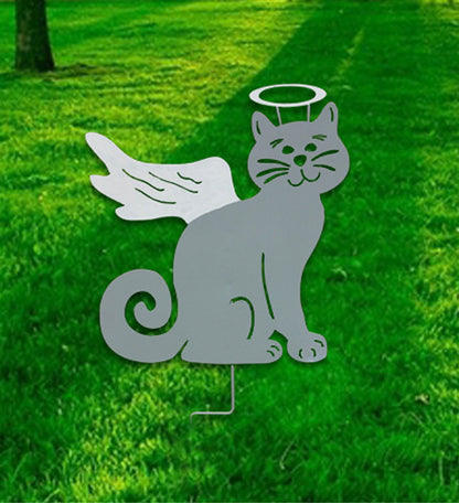 Cat Angel Memorial Garden Stake Style 2 metal gray cat with wings and halo on lawn on Tampa Home & Garden Store