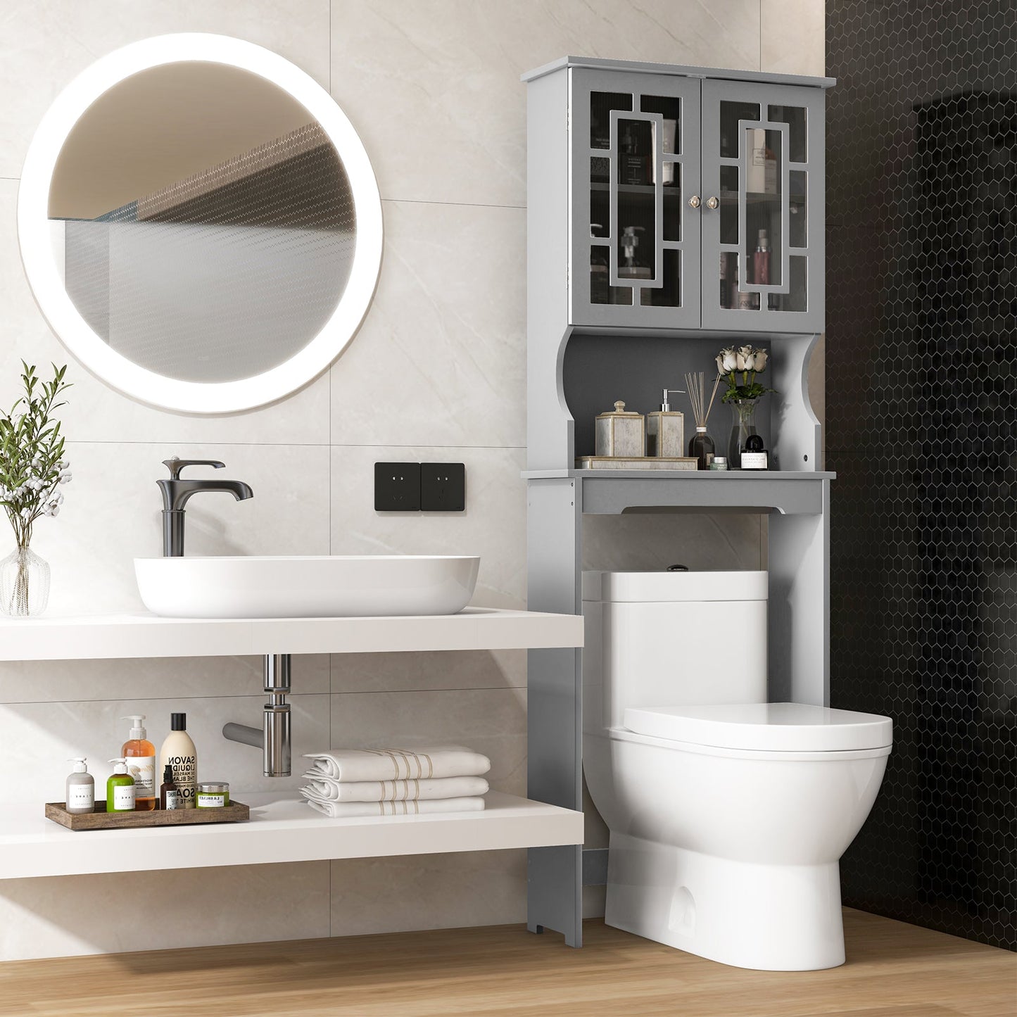 Organizador ahorrador de espacio para baño con estante ajustable - Gris