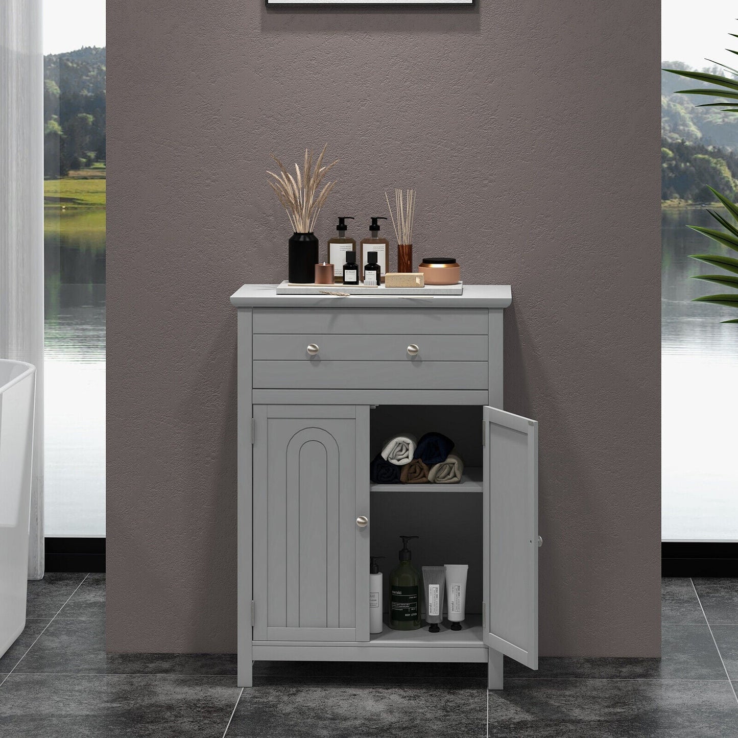 Armario de baño de madera con cajón y estante ajustable - Gris