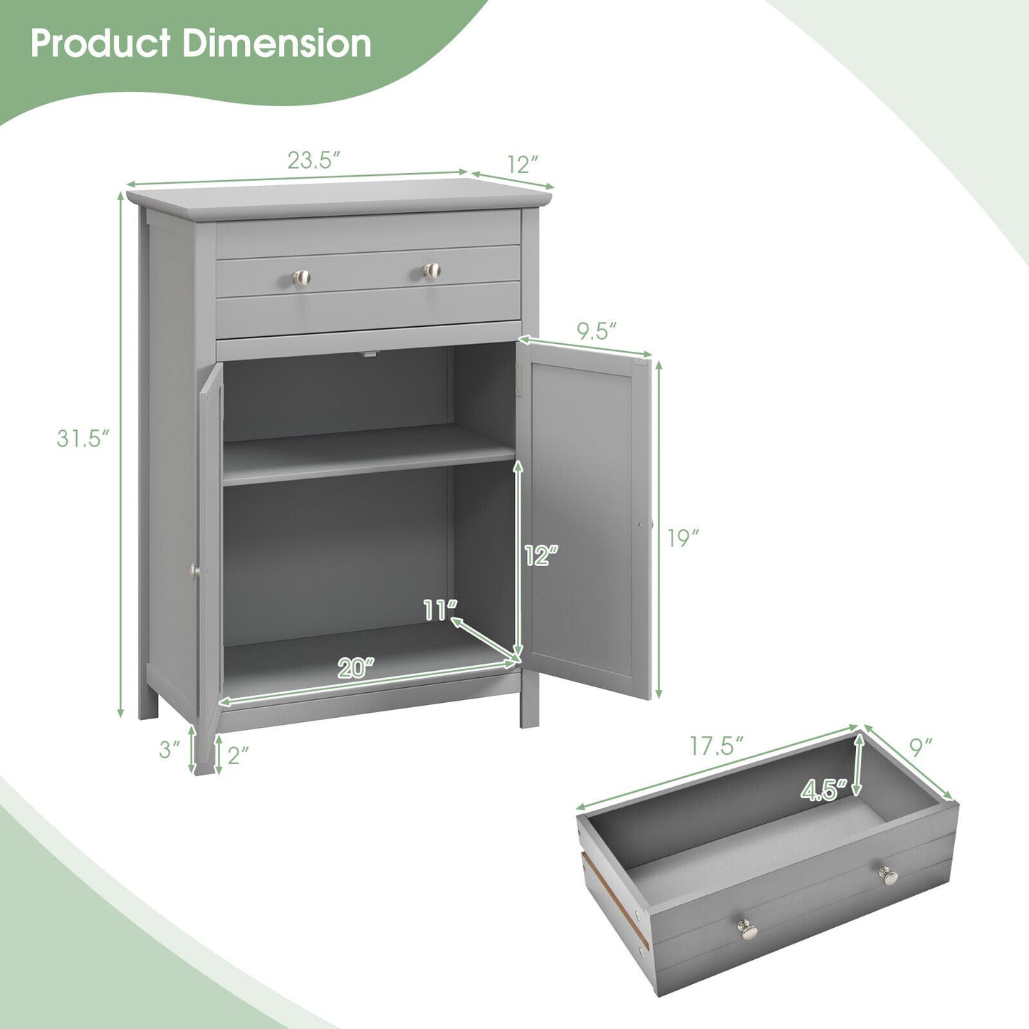 Armario de baño de madera con cajón y estante ajustable - Gris