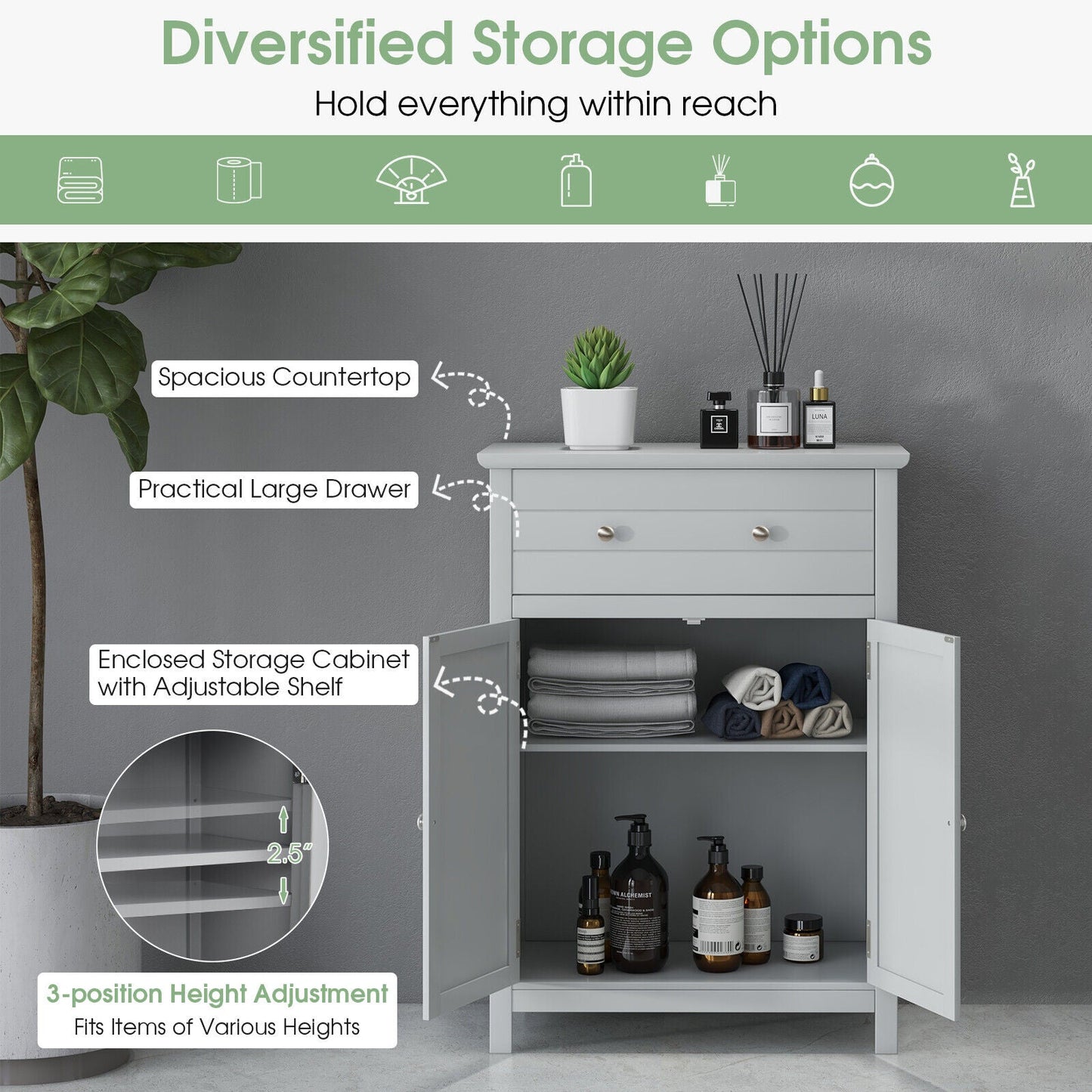 Armario de baño de madera con cajón y estante ajustable - Gris