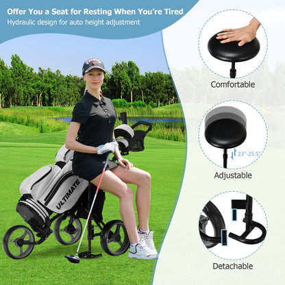 3 Wheels Folding Golf Push Cart with Seat Scoreboard and Adjustable Handle