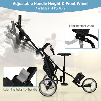 3 Wheels Folding Golf Push Cart with Seat Scoreboard and Adjustable Handle