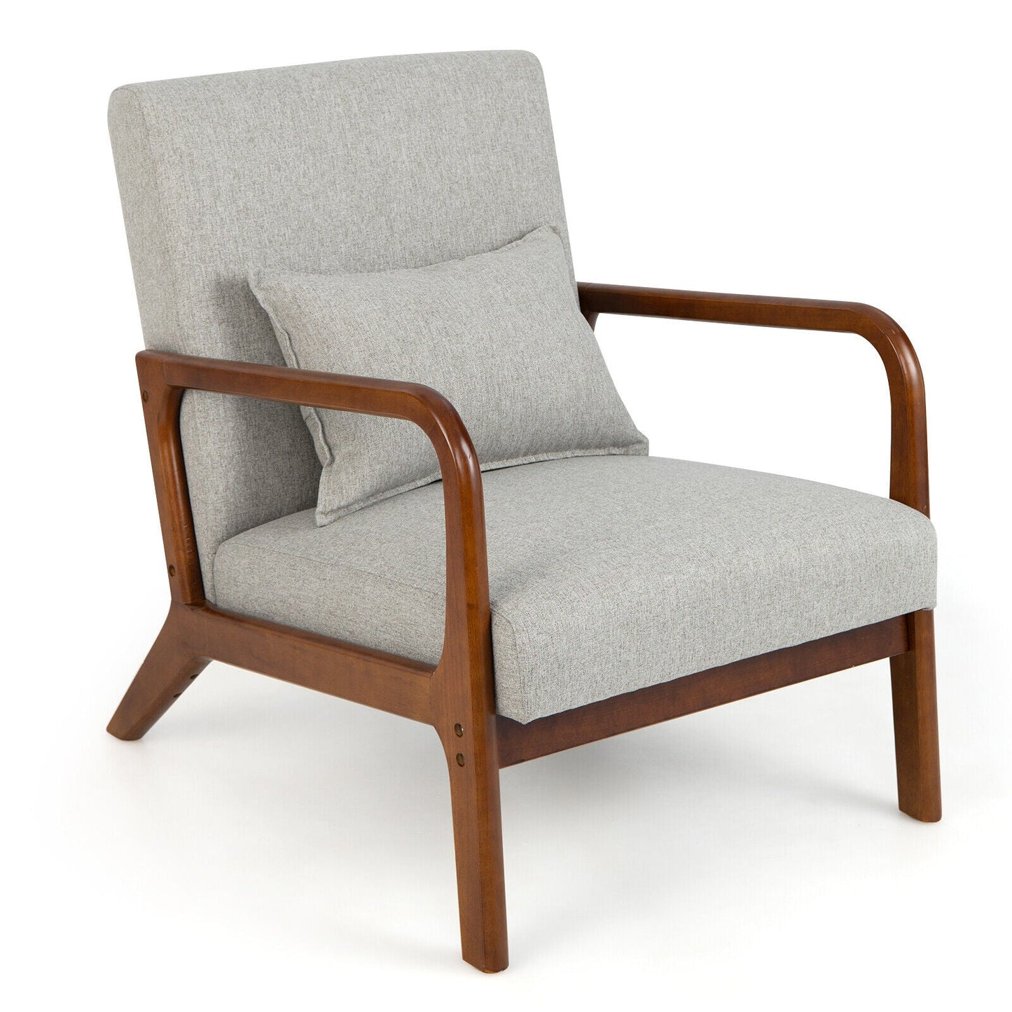 Sillón moderno con estructura de madera de caucho y almohada lumbar-Gris