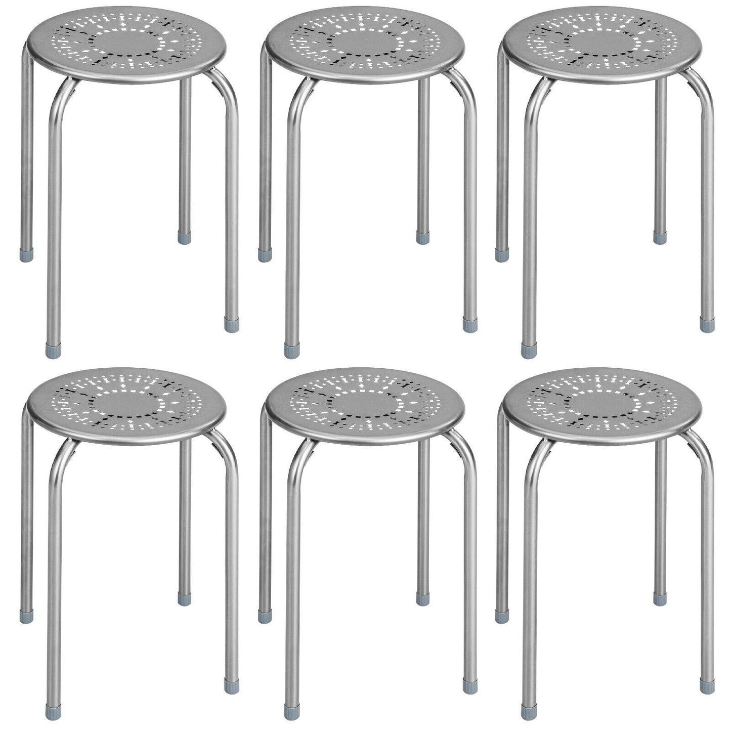 Set of 6 Stackable Multifunctional Daisy Design Backless Round Metal Stool Set-Black