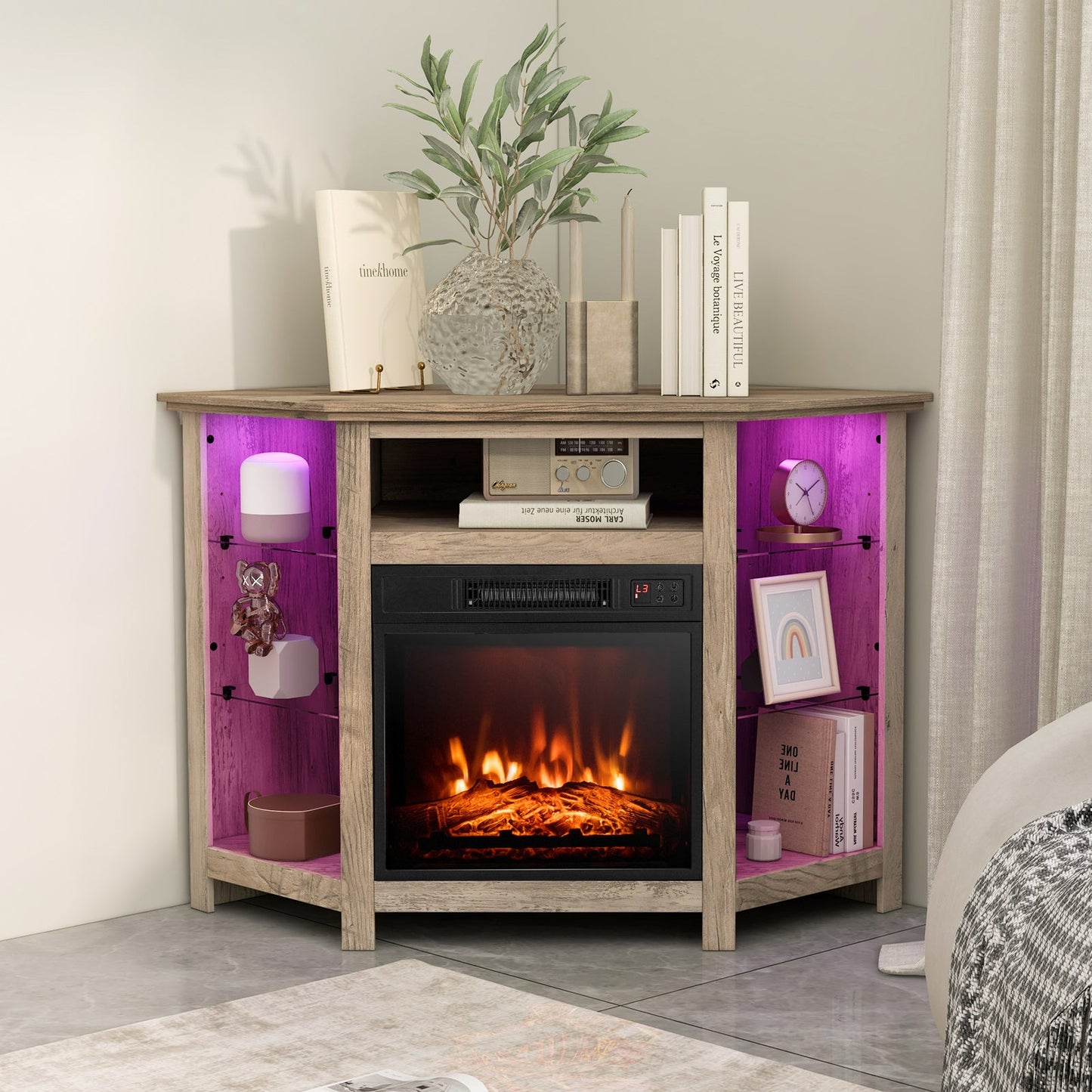 Mueble esquinero para TV con chimenea, luces LED y control por aplicación inteligente para televisores de 50 pulgadas - Gris