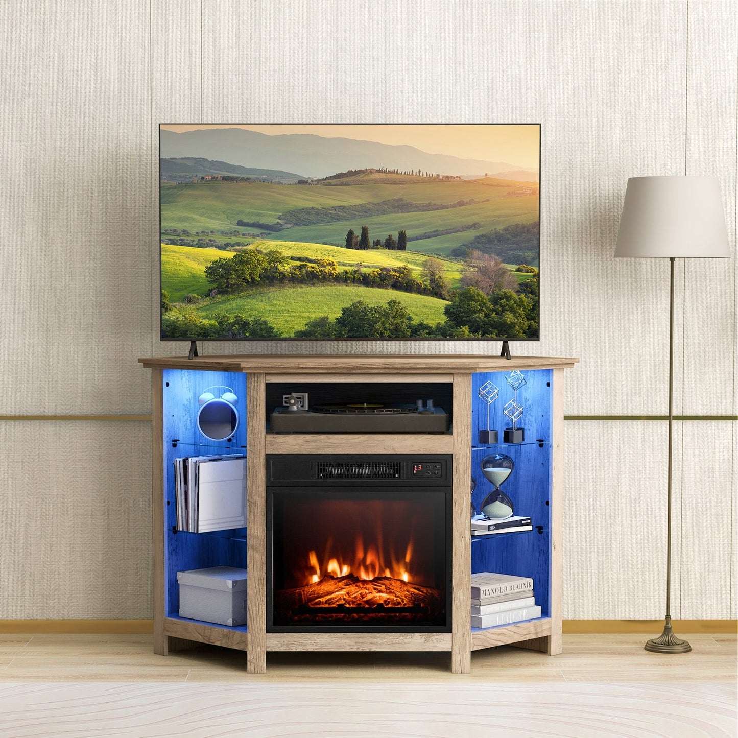 Mueble esquinero para TV con chimenea, luces LED y control por aplicación inteligente para televisores de 50 pulgadas - Gris