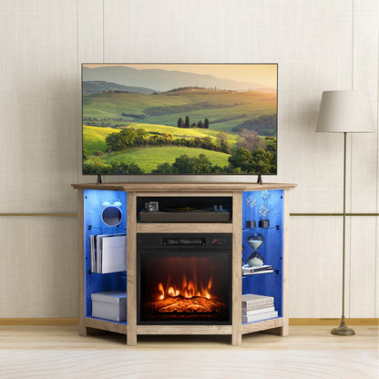 Mueble esquinero para TV con chimenea, luces LED y control por aplicación inteligente para televisores de 50 pulgadas - Gris