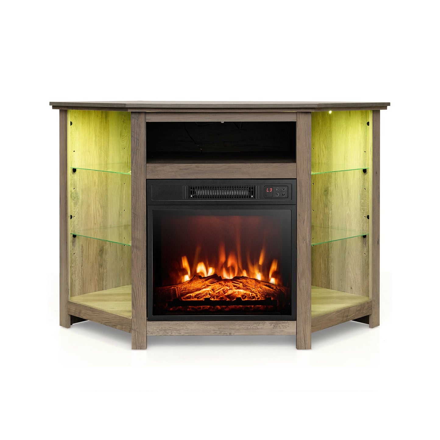 Mueble esquinero para TV con chimenea, luces LED y control por aplicación inteligente para televisores de 50 pulgadas - Gris