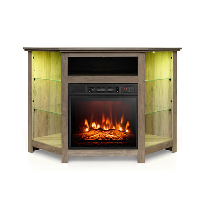 Mueble esquinero para TV con chimenea, luces LED y control por aplicación inteligente para televisores de 50 pulgadas - Gris