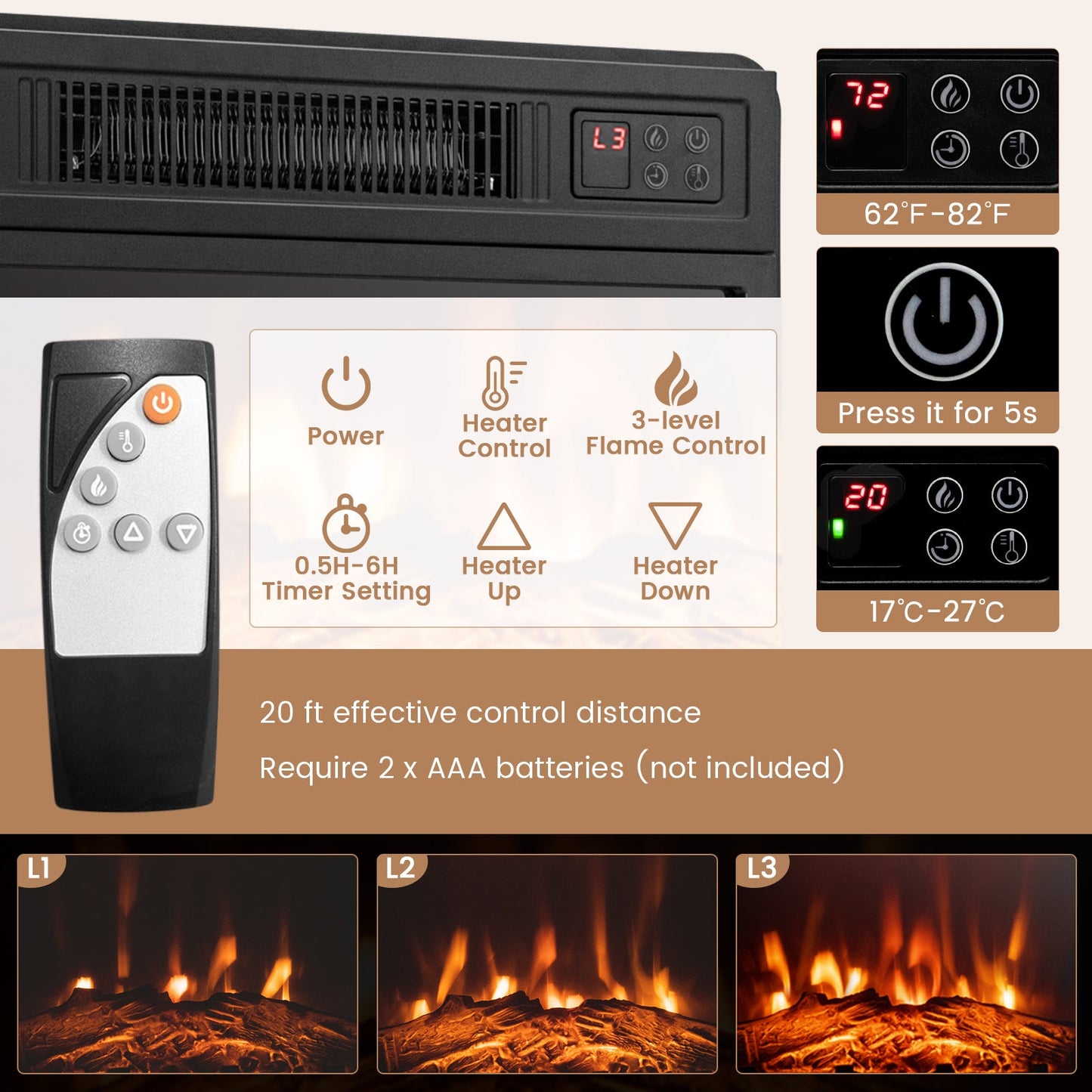 Mueble esquinero para TV con chimenea, luces LED y control por aplicación inteligente para televisores de 50 pulgadas - Gris