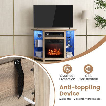 Mueble esquinero para TV con chimenea, luces LED y control por aplicación inteligente para televisores de 50 pulgadas - Gris