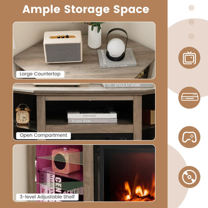 Mueble esquinero para TV con chimenea, luces LED y control por aplicación inteligente para televisores de 50 pulgadas - Gris