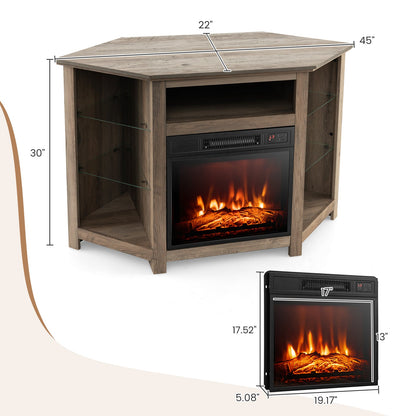 Mueble esquinero para TV con chimenea, luces LED y control por aplicación inteligente para televisores de 50 pulgadas - Gris