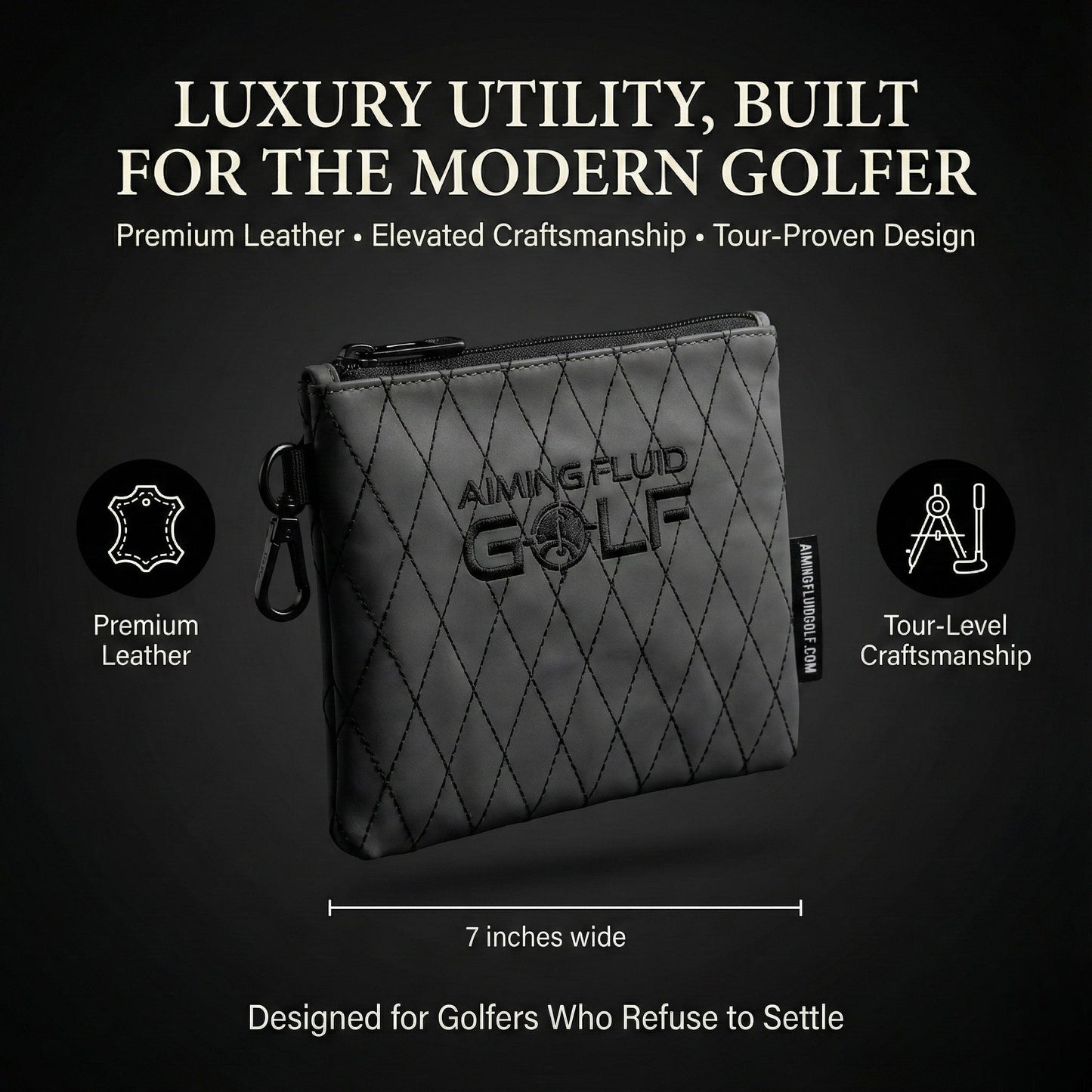 Leather Golf Utility Pouch by Aiming Fluid Golf, premium gray quilted leather with zipper on Tampa Home & Garden Store