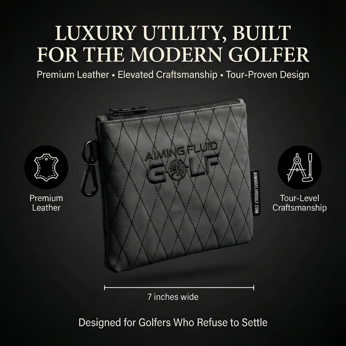 Leather Golf Utility Pouch by Aiming Fluid Golf, premium gray quilted leather with zipper on Tampa Home & Garden Store