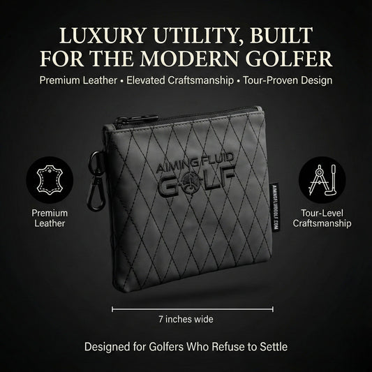 Leather Golf Utility Pouch by Aiming Fluid Golf, premium gray quilted leather with zipper on Tampa Home & Garden Store