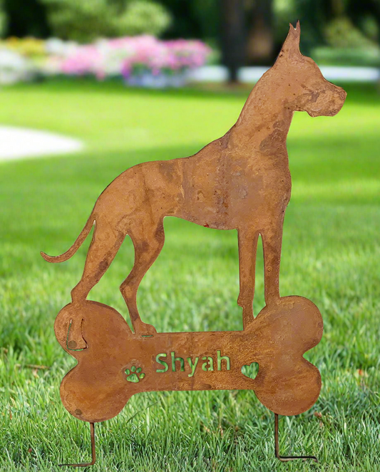 Great Dane garden stake rusted metal on bone base with name Shyah by Rustica Ornamentals on Tampa Home & Garden Store