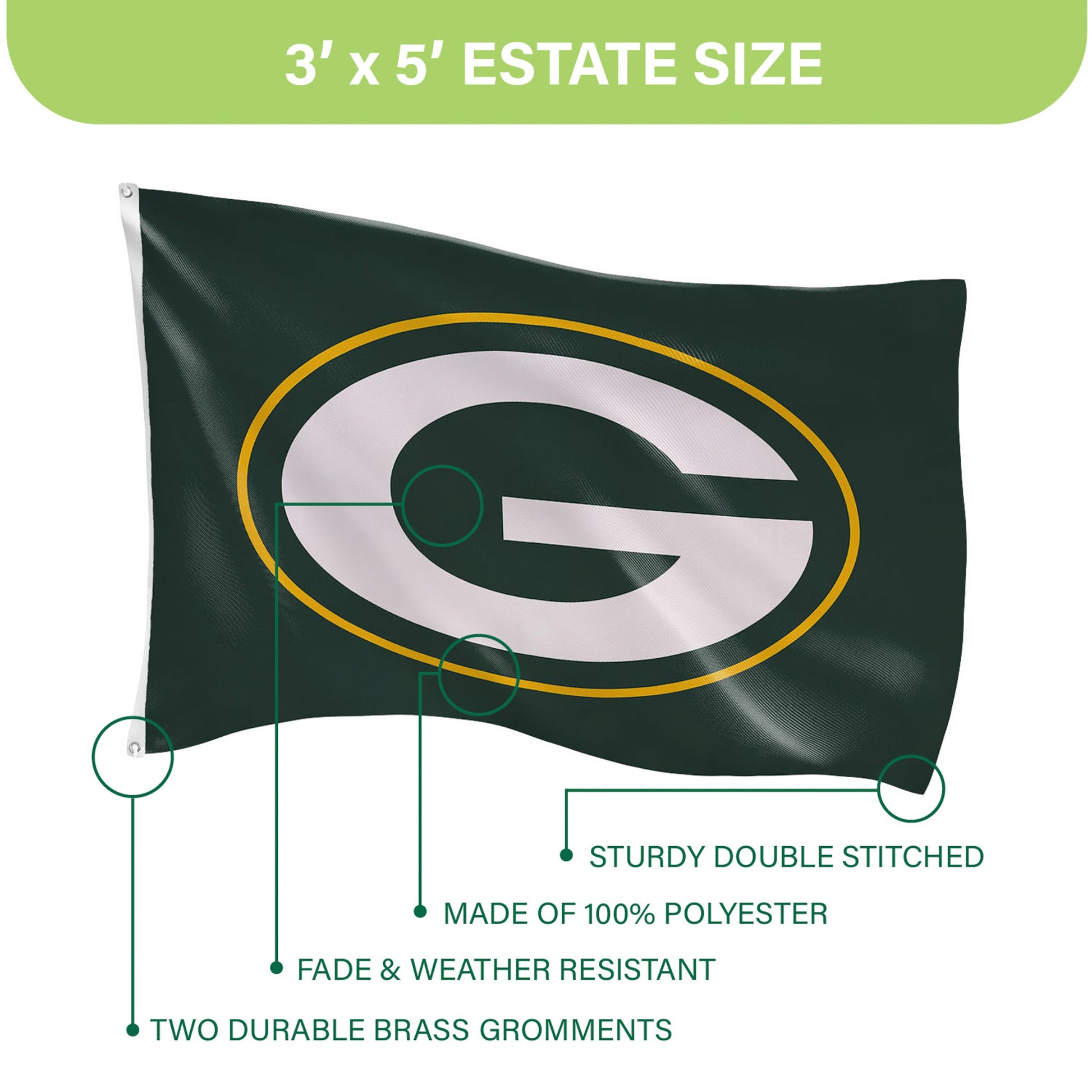 Green Bay Packers Single Sided Estate Flag with 2 Grommets, 3'x5' - Tampa Home & Garden Store