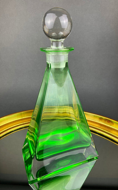 Green Crystal Decanter with Clear Stopper. Minimal Crystal Carafe. Office Decor. Social Club Decor. Men Cave Accessory. Gift for Dad. - Tampa Home & Garden Store