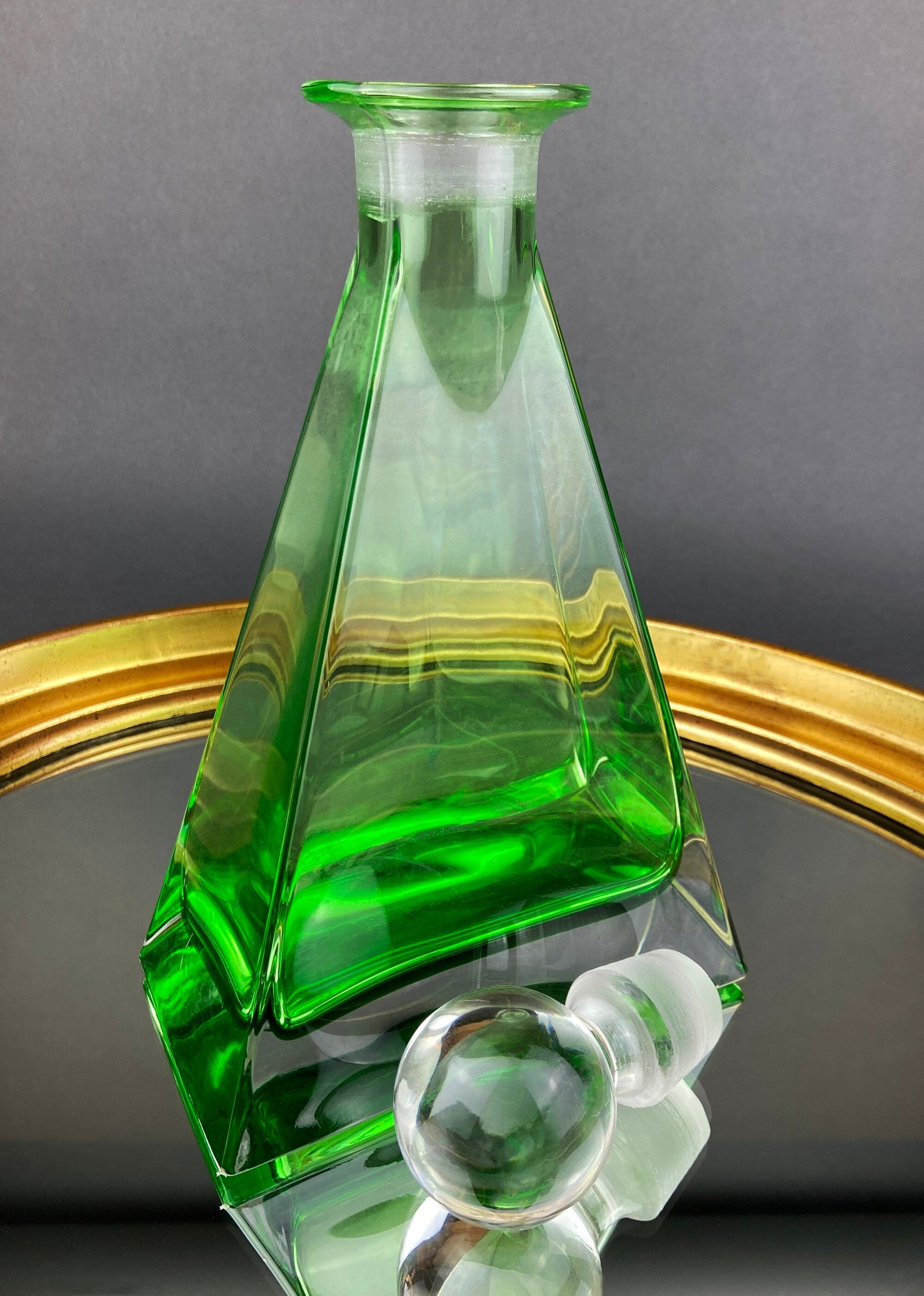 Green Crystal Decanter with Clear Stopper. Minimal Crystal Carafe. Office Decor. Social Club Decor. Men Cave Accessory. Gift for Dad. - Tampa Home & Garden Store