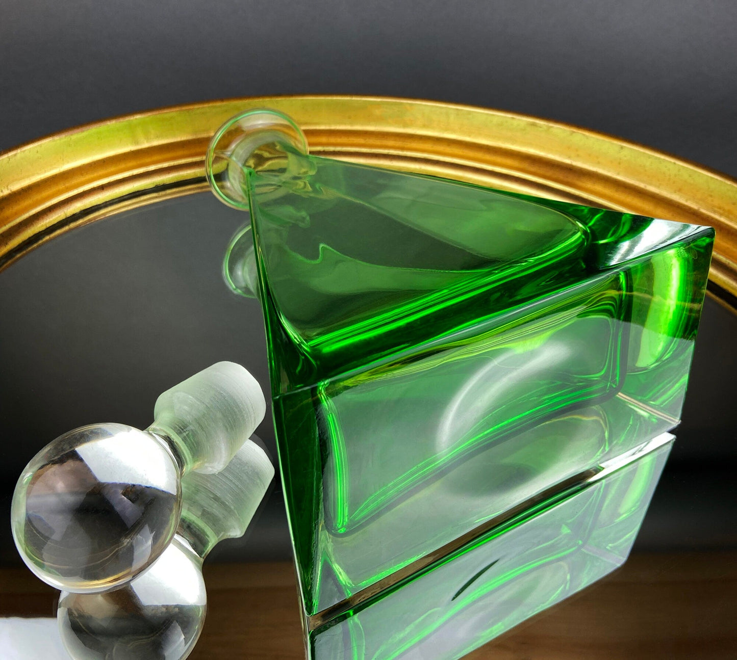 Green Crystal Decanter with Clear Stopper. Minimal Crystal Carafe. Office Decor. Social Club Decor. Men Cave Accessory. Gift for Dad. - Tampa Home & Garden Store