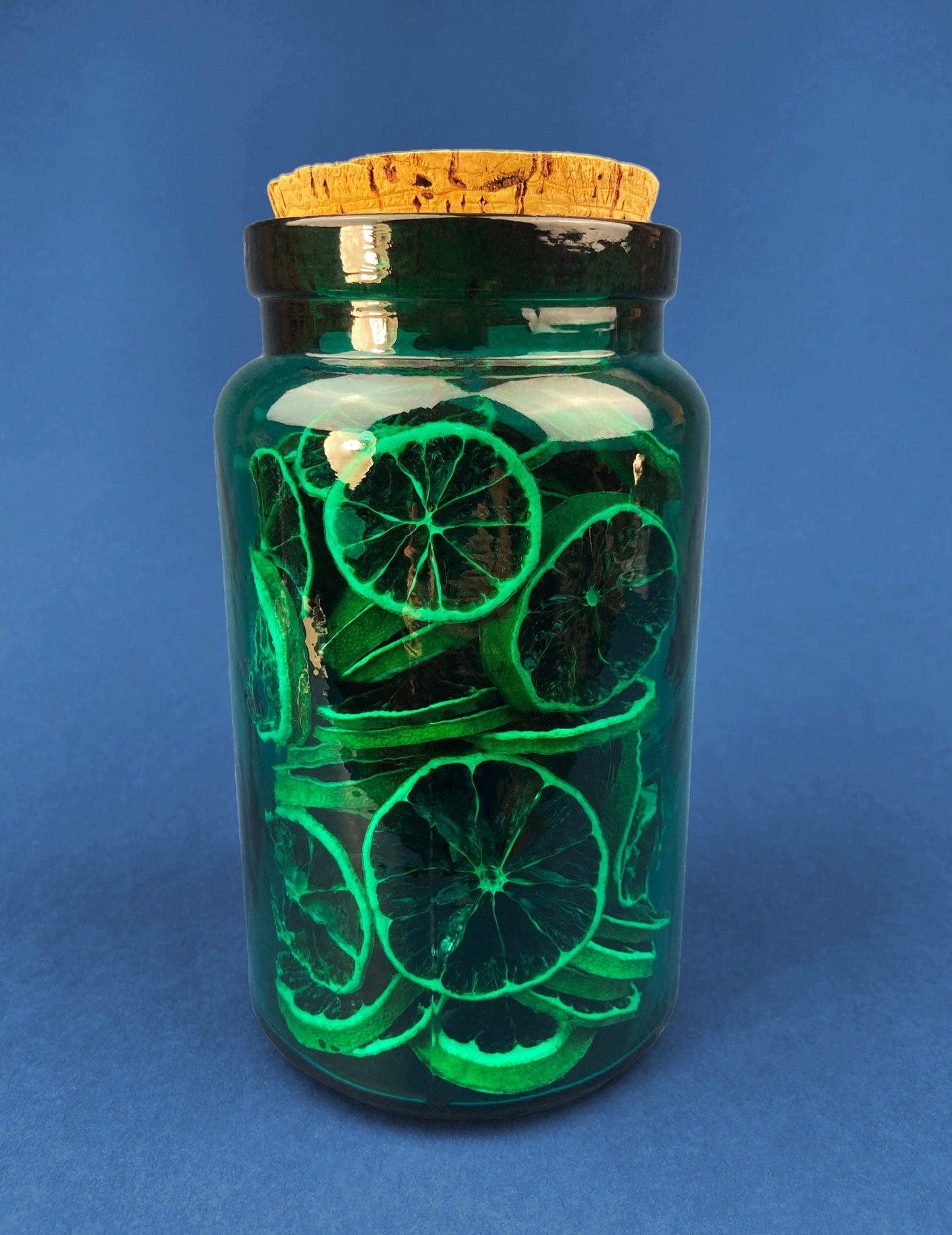 Green Glass Storage Jar with Dried  Orange Slices. Large, Deep Green Glass Canister with Cork Lid. Countertop Container. - Tampa Home & Garden Store