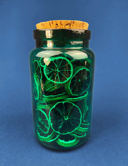 Green Glass Storage Jar with Dried  Orange Slices. Large, Deep Green Glass Canister with Cork Lid. Countertop Container. - Tampa Home & Garden Store