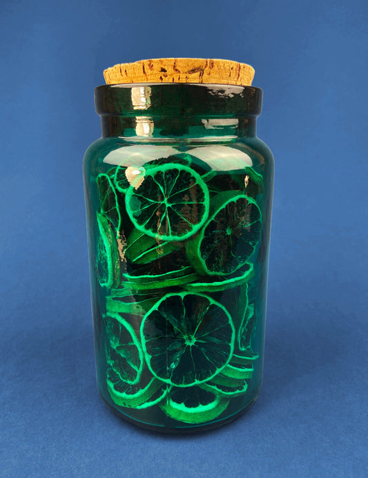 Green Glass Storage Jar with Dried  Orange Slices. Large, Deep Green Glass Canister with Cork Lid. Countertop Container. - Tampa Home & Garden Store