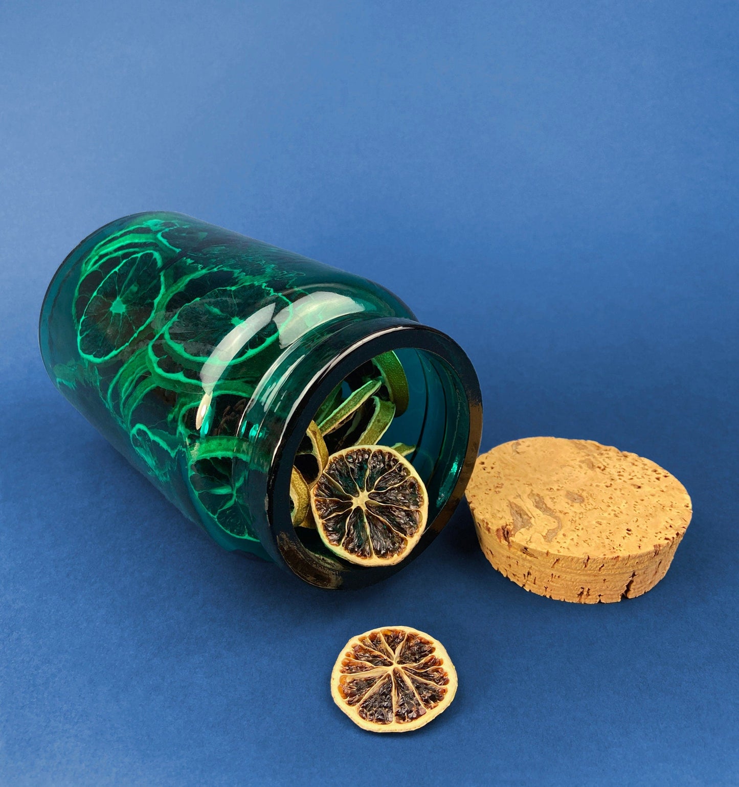 Green Glass Storage Jar with Dried  Orange Slices. Large, Deep Green Glass Canister with Cork Lid. Countertop Container. - Tampa Home & Garden Store