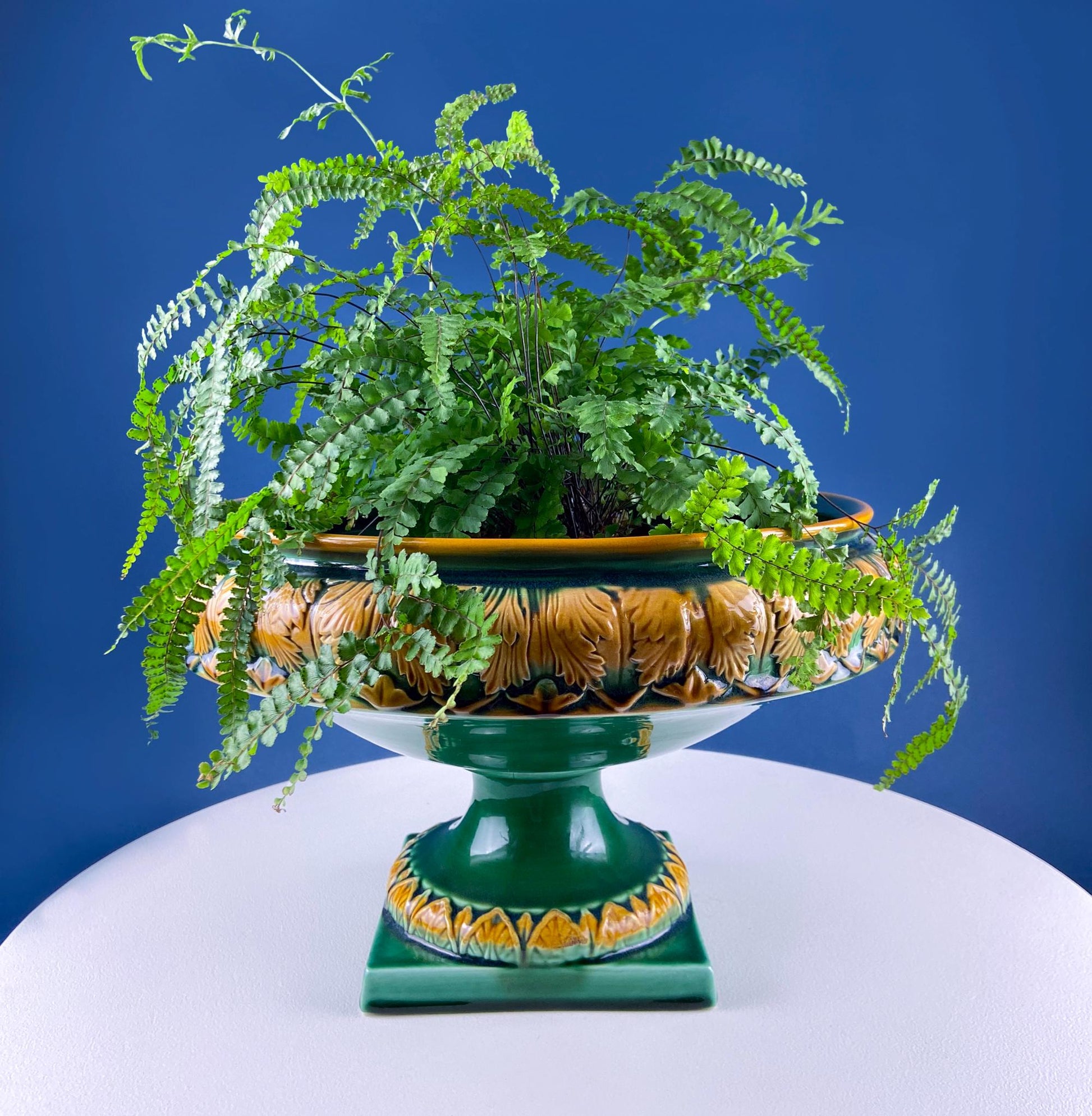 Green Majolica Ceramic Centerpiece Bowl with Gold Relief. Abigails Italy. Art Nouveau Flower Fern Jardiniere. Table Centerpiece. Dining Room Decor. - Tampa Home & Garden Store