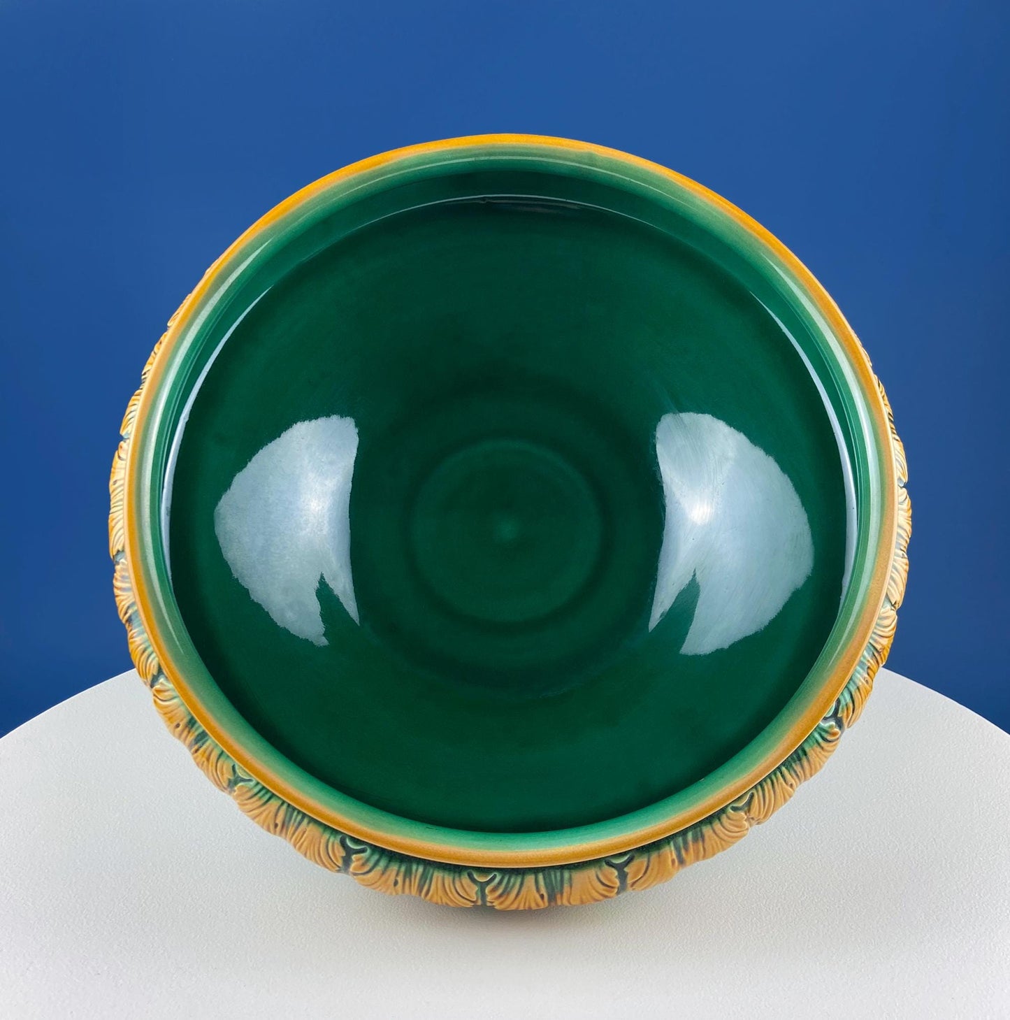 Green Majolica Ceramic Centerpiece Bowl with Gold Relief. Abigails Italy. Art Nouveau Flower Fern Jardiniere. Table Centerpiece. Dining Room Decor. - Tampa Home & Garden Store