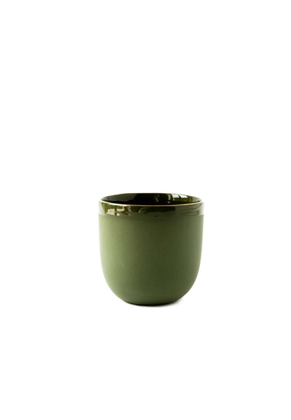 Handmade porcelain coffee cup with gold rim in green glaze on Tampa Home & Garden Store