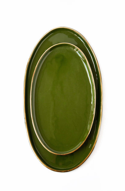 Green Porcelain Serving Platter and Gold Rim