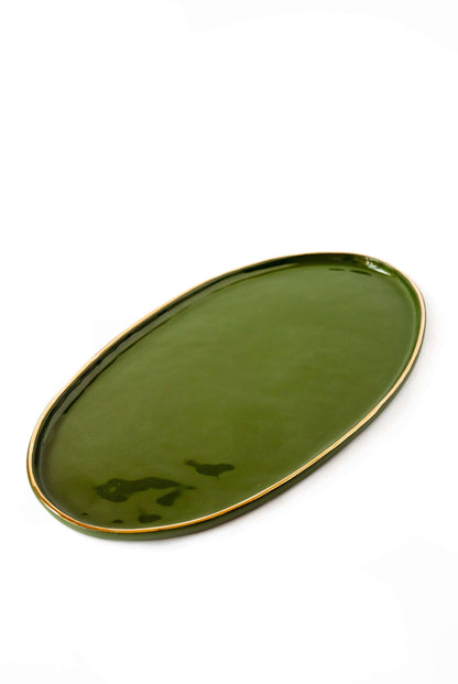 Green Porcelain Serving Platter and Gold Rim