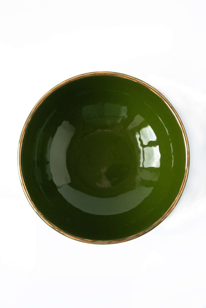 Green Handmade Porcelain Salad Bowl with Gold Rim