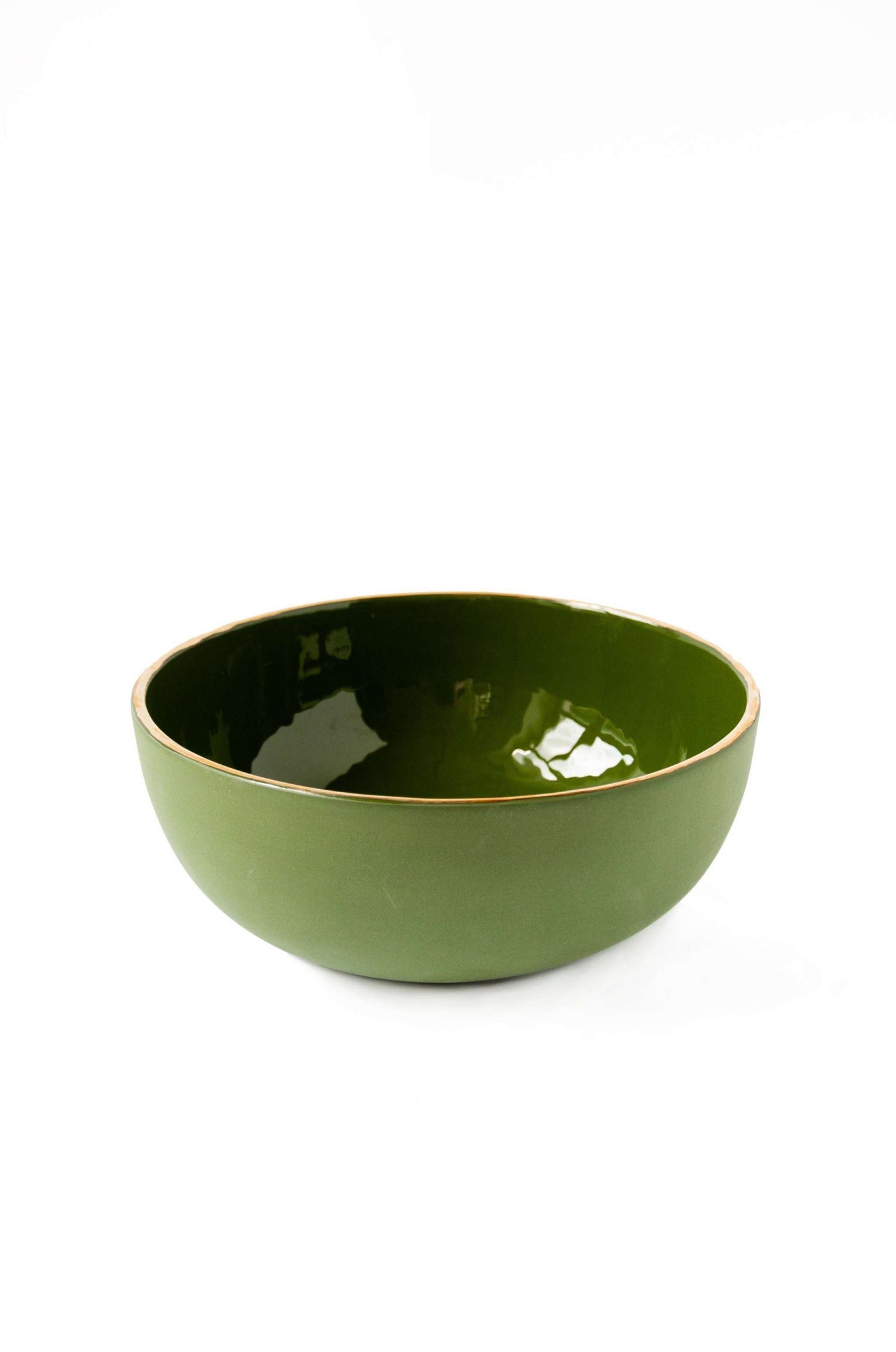 Green Handmade Porcelain Salad Bowl with Gold Rim