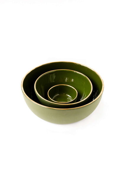 Green Handmade Porcelain Salad Bowl with Gold Rim