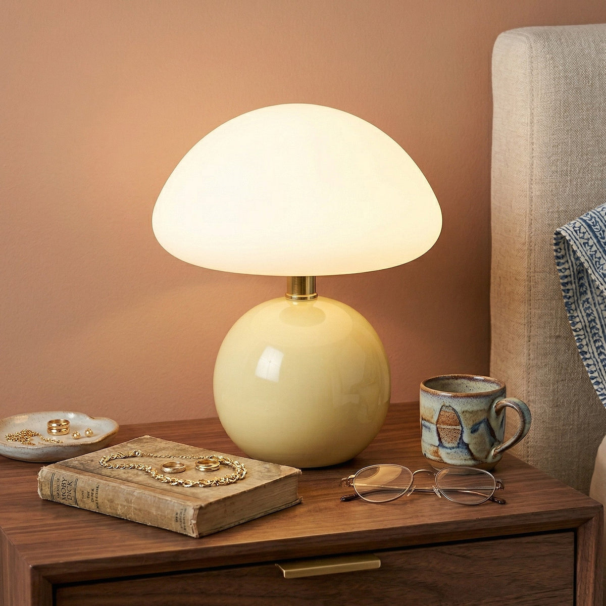 USB Mushroom Lamp Moktan Sabai table lamp with cream ceramic base and white shade on Tampa Home & Garden Store