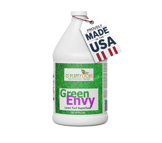 Green Envy Lawn Turf Superfood fertilizer GS Plant Foods; white bottle with green label and USA tag on Tampa Home & Garden Store