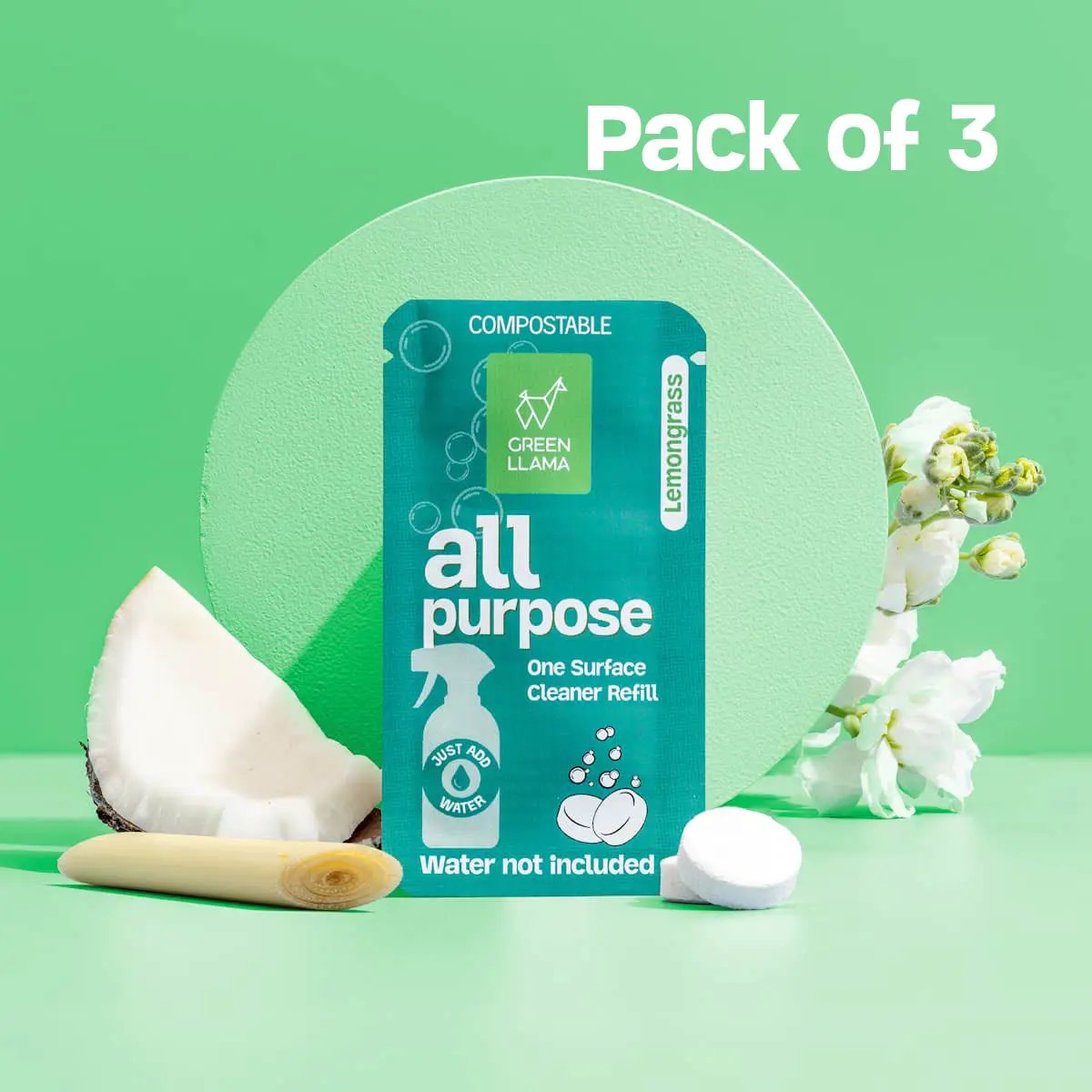 All-purpose cleaner refills lemongrass 3-pack by Green Llama in teal compostable pouch on Tampa Home & Garden Store