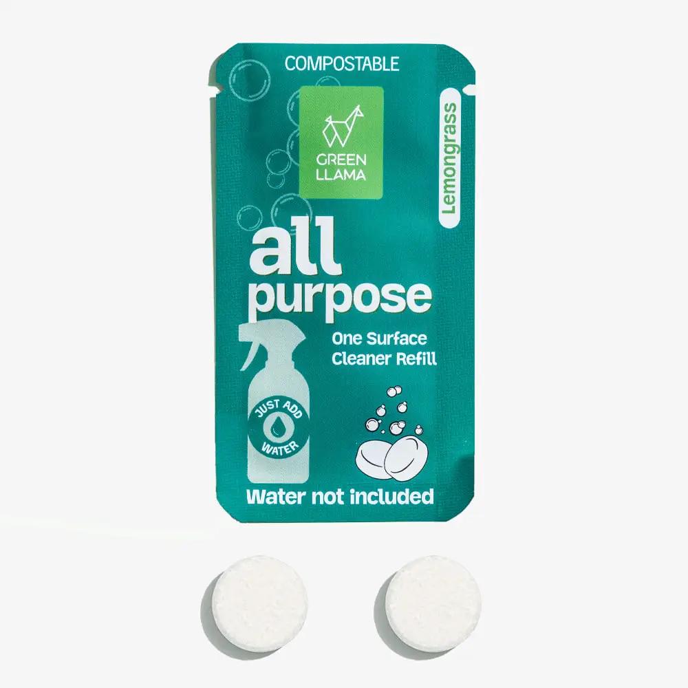 All-Purpose Cleaner Refills Lemongrass Pack of 3 Green Llama pouch with two white tablets on Tampa Home & Garden Store