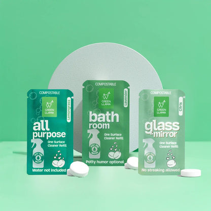 Green Llama refill cleaning bundle with compostable pouches for all purpose cleaners on Tampa Home & Garden Store