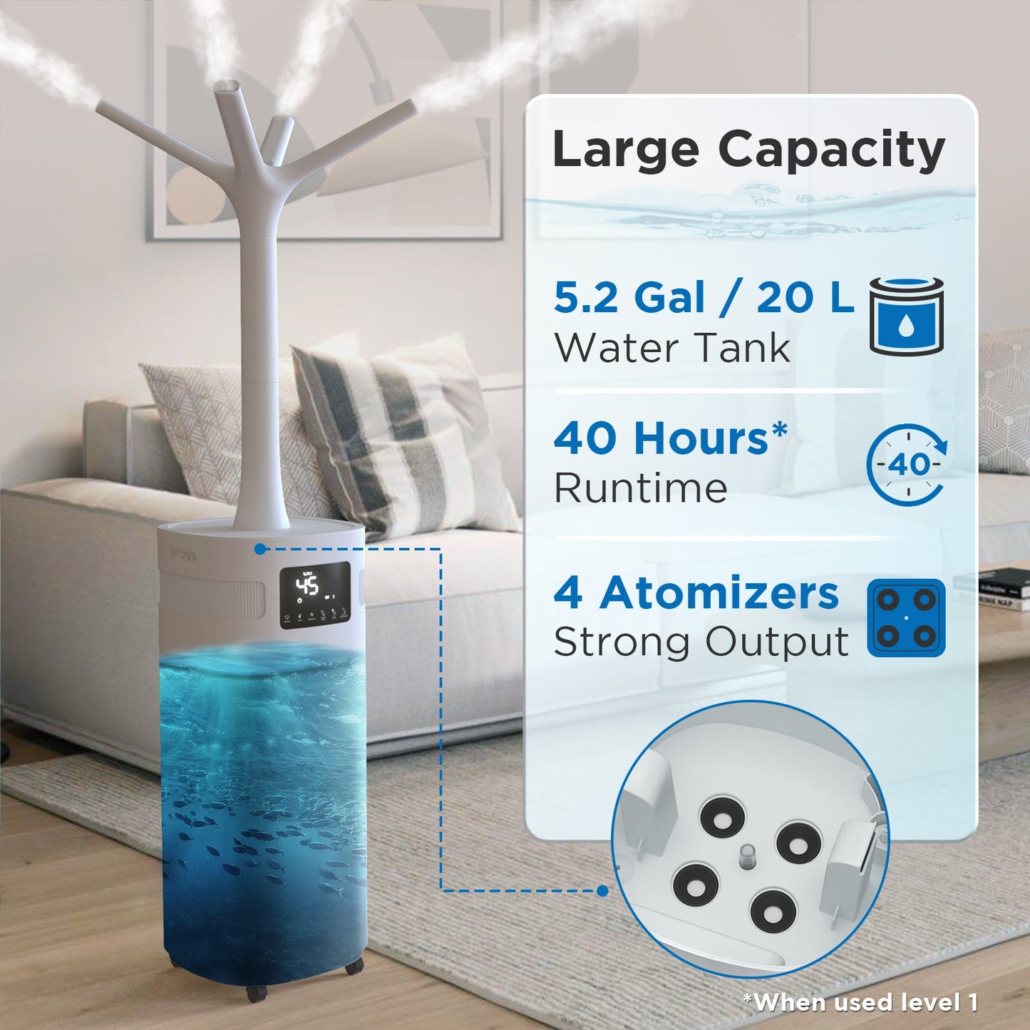 Humidificador comercial Greenland de 5,3 galones para habitaciones grandes, con conexión WiFi 