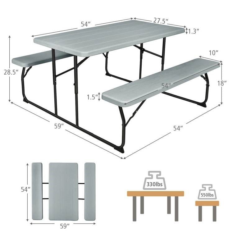 Grey Folding Picnic Table with 2 Benches Outdoor Patio Dining Set - Tampa Home & Garden Store