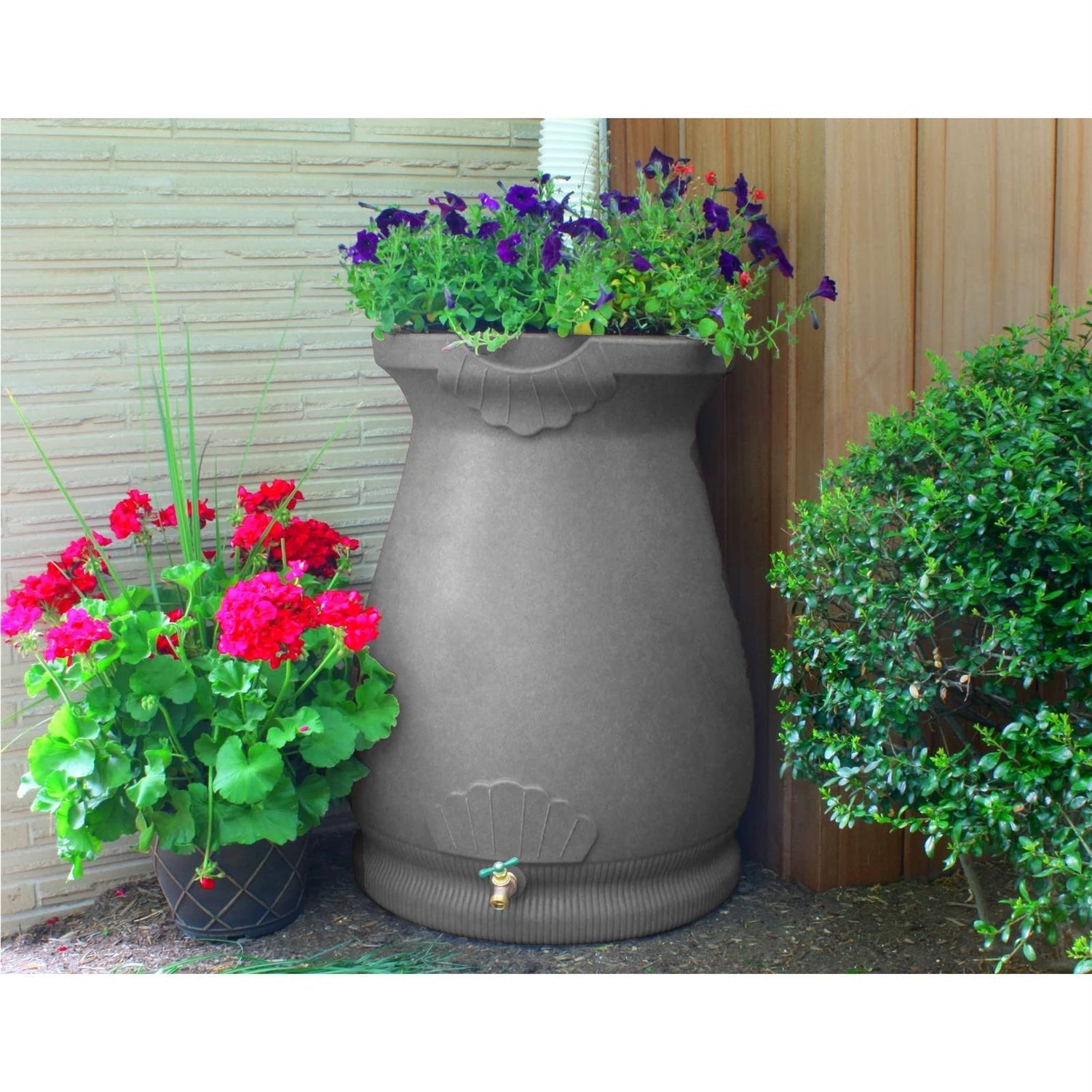 Grey Granite 65 Gallon Plastic Urn Rain Barrel with Planter Top - Tampa Home & Garden Store