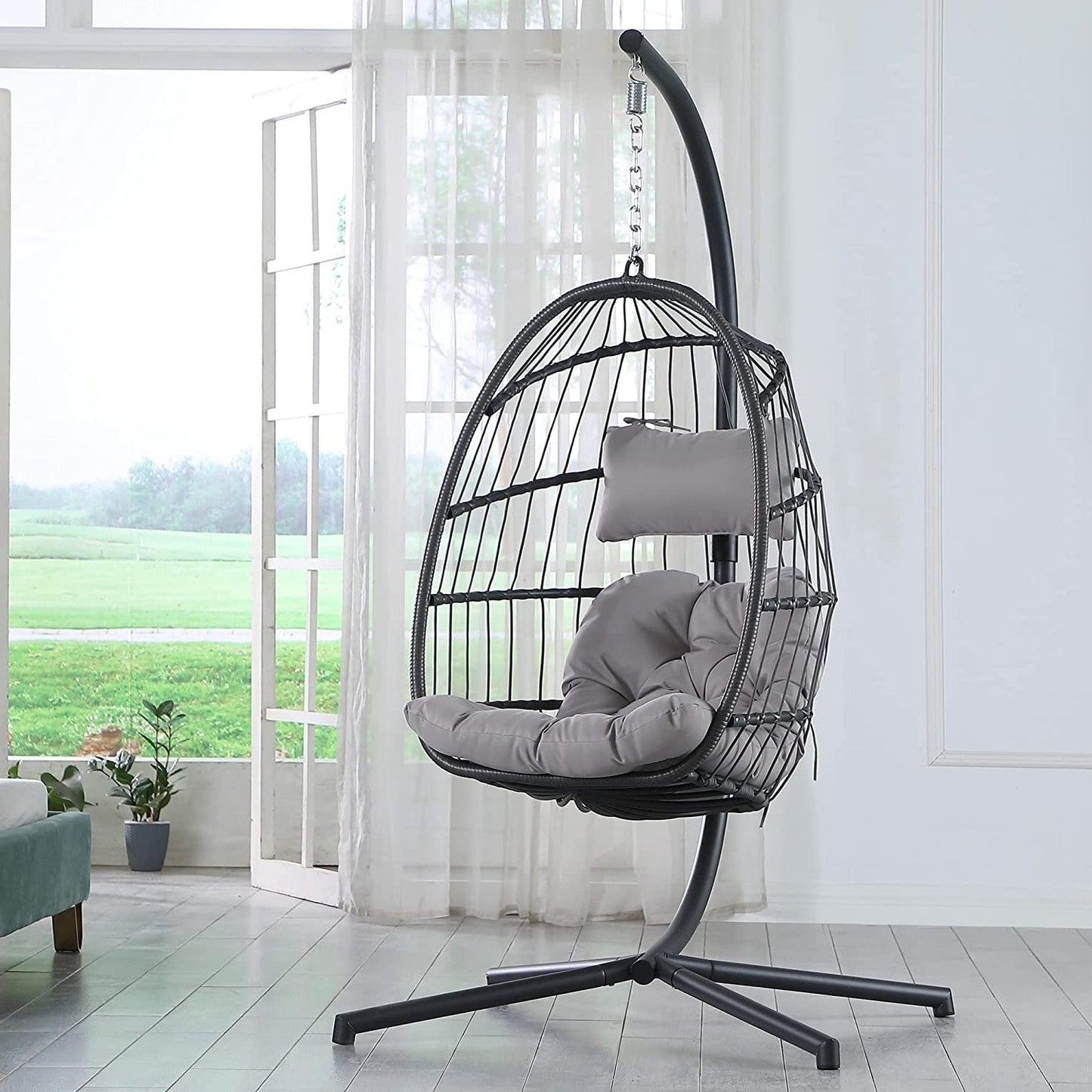 Grey Indoor/Outdoor Wicker Rattan Aluminum Frame Swing Egg Chair Hammock - Tampa Home & Garden Store