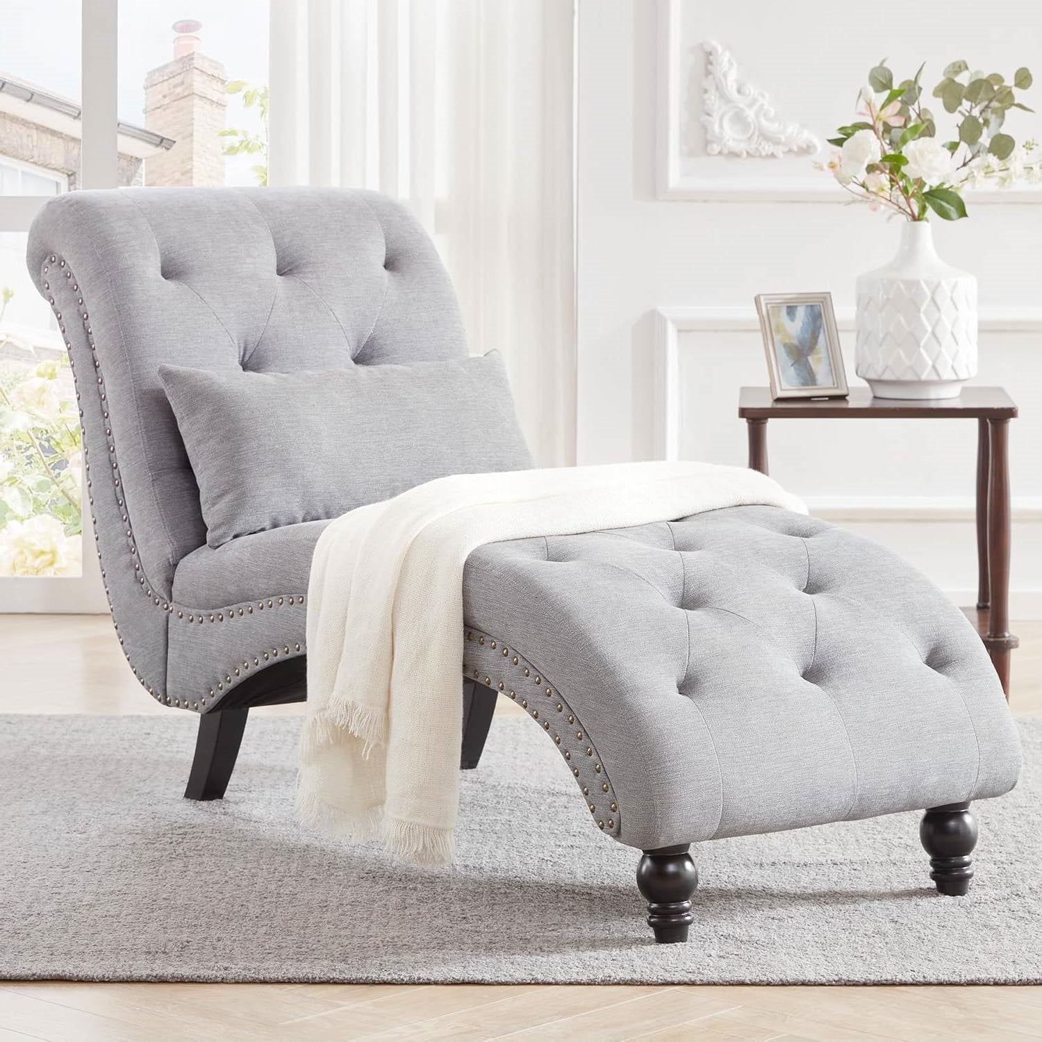 Grey Linen Upholstered Armless Chaise Lounge Chair with Pillow - Tampa Home & Garden Store